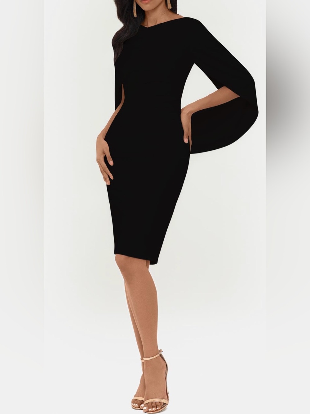 Betsy & Adam Black Cape-Sleeve Midi Sheath Dress
